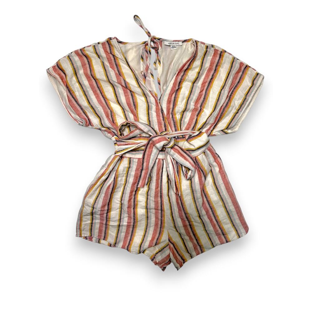 American Eagle Striped Linen Lined Bodice Tie Waist Romper